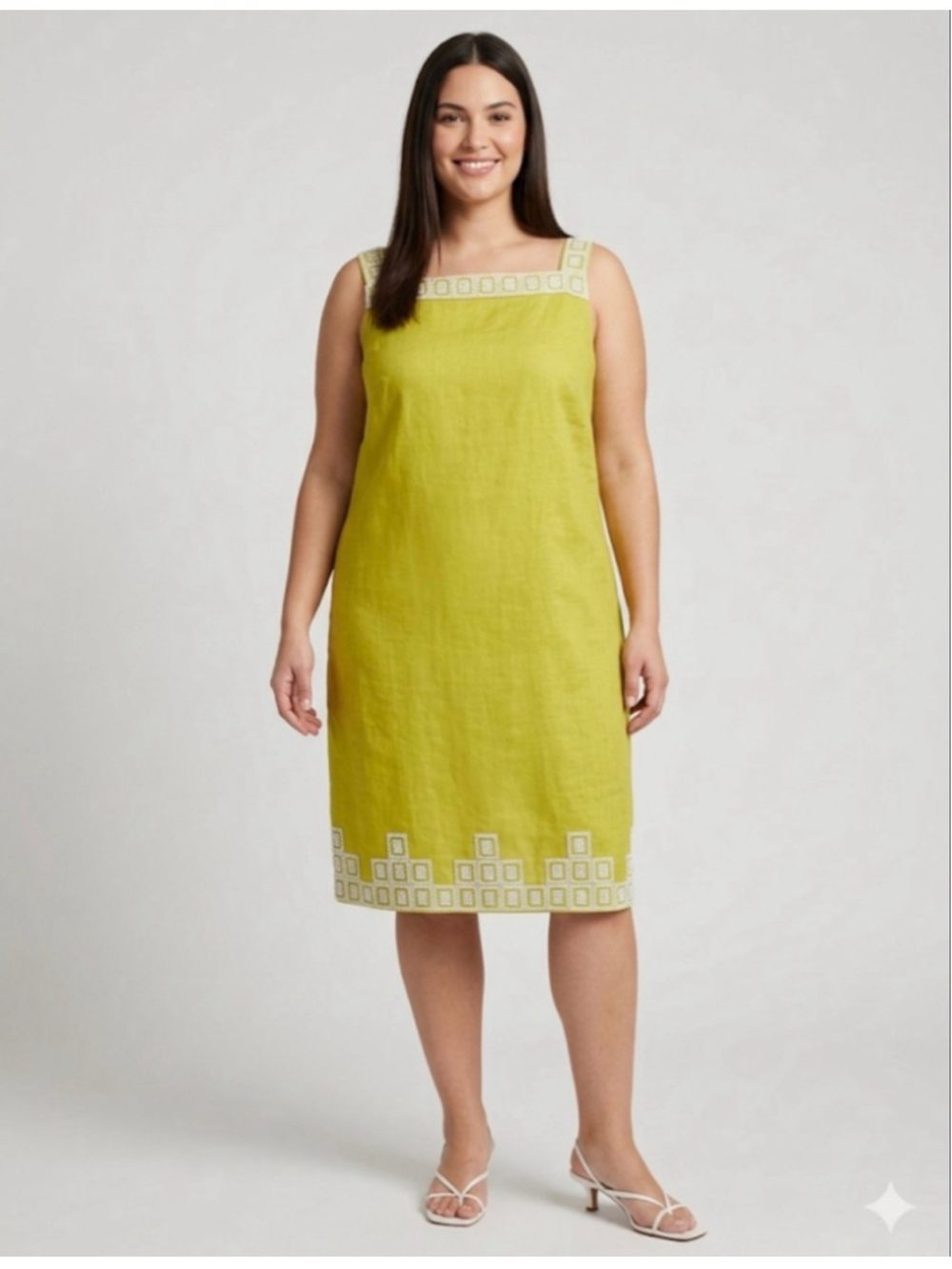 Jones New York Lime Green Linen Dress with White Beading, Size 14